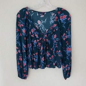 American Eagle Floral Tie Front Long Sleeve Top